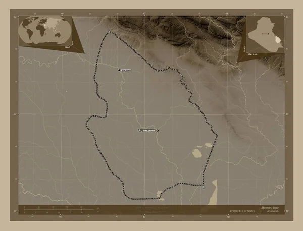 Maysan Provincia Iraq Mapa Elevación Coloreado Tonos Sepia Con Lagos —  Fotos de Stock