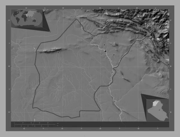 イラクのニナワ州 湖や川と二階の標高マップ 地域の主要都市の場所 コーナー補助位置図 — ストック写真