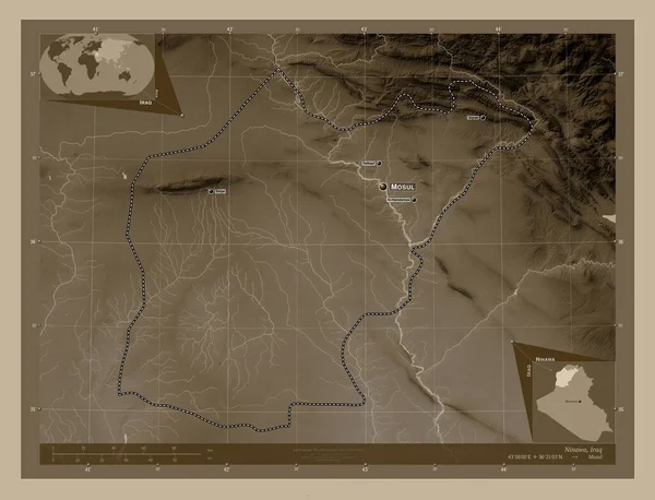 Ninawa Provincia Iraq Mapa Elevación Coloreado Tonos Sepia Con Lagos —  Fotos de Stock