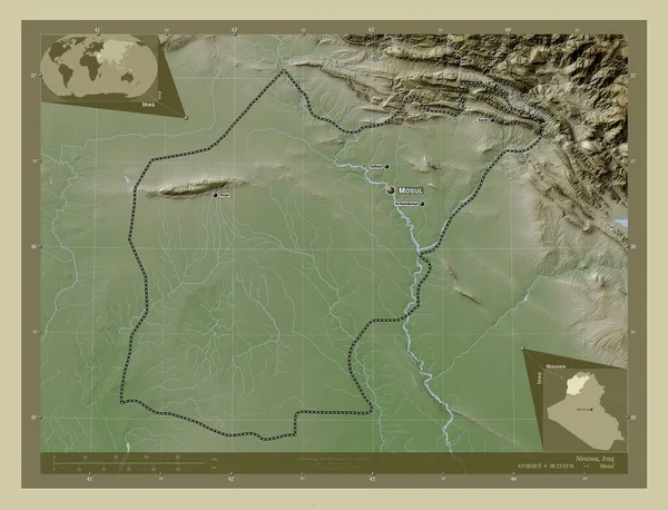 Ninawa Prowincja Iraku Mapa Wzniesień Kolorowa Stylu Wiki Jeziorami Rzekami — Zdjęcie stockowe