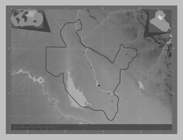 Sala Din Irak Tartomány Szürkeárnyas Térkép Tavakkal Folyókkal Régió Nagyvárosainak — Stock Fotó