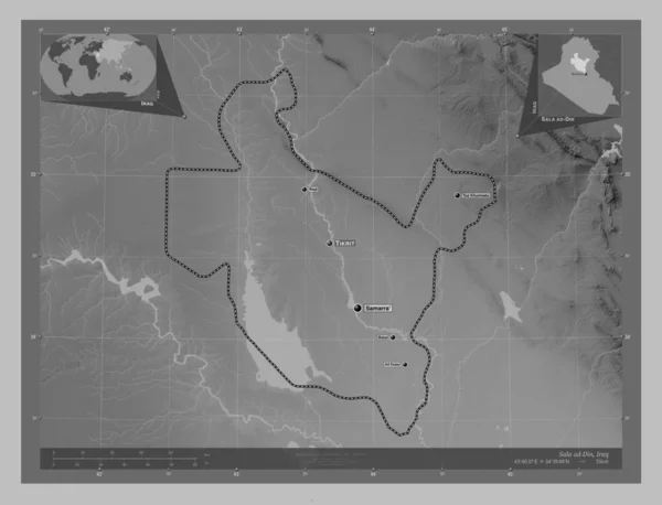 Sala Din Province Iraq Grayscale Elevation Map Lakes Rivers Locations — Stock Photo, Image