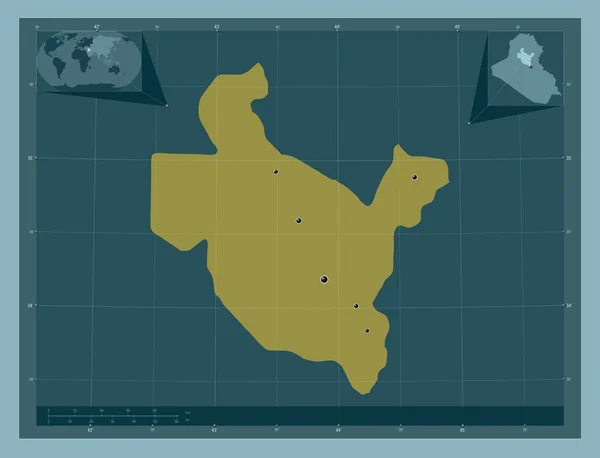 イラクの州 アドディン しっかりした色の形 地域の主要都市の場所 コーナー補助位置図 — ストック写真