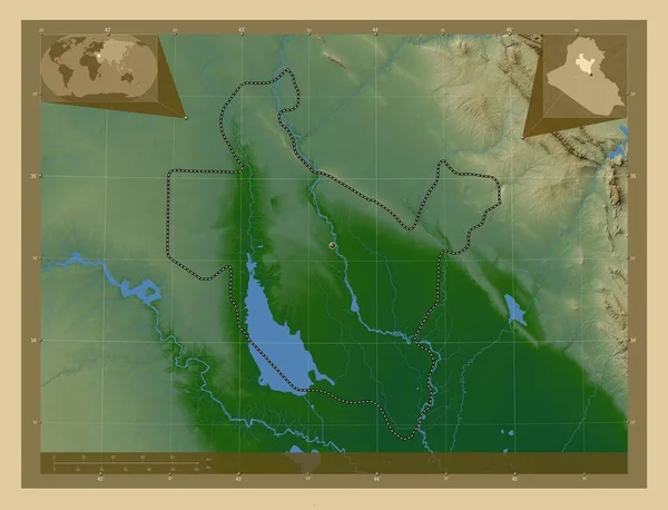 Sala Din 伊拉克省 有湖泊和河流的彩色高程图 角辅助位置图 — 图库照片