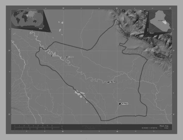 Wasit Prowincja Iraku Dwupoziomowa Mapa Jeziorami Rzekami Lokalizacje Nazwy Głównych — Zdjęcie stockowe