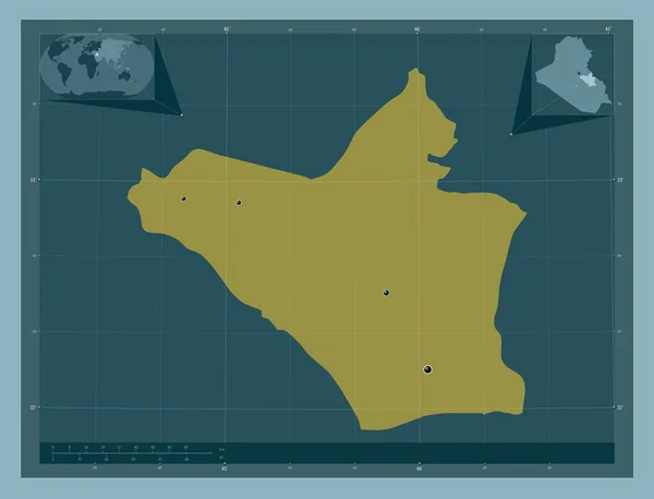 イラクの州 待ってください しっかりした色の形 地域の主要都市の場所 コーナー補助位置図 — ストック写真