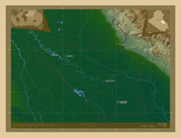 イラクの州 待ってください 湖や川と色の標高マップ 地域の主要都市の位置と名前 コーナー補助位置図 — ストック写真