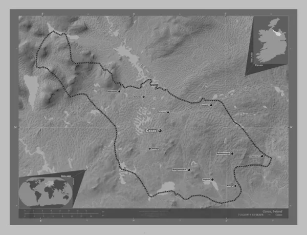 Cavan County Ireland Grayscale Elevation Map Lakes Rivers Locations Names — Stock Photo, Image