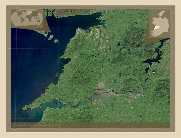 克莱尔 爱尔兰郡 高分辨率卫星地图 该区域主要城市的所在地点 角辅助位置图 — 图库照片