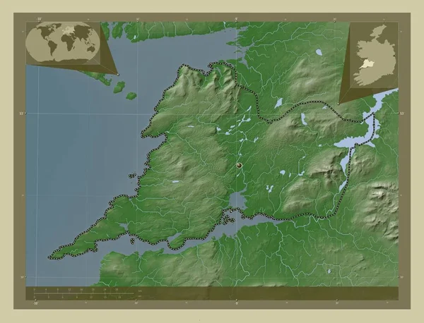 アイルランドの郡クレア 湖や川とWikiスタイルで着色された標高マップ コーナー補助位置図 — ストック写真