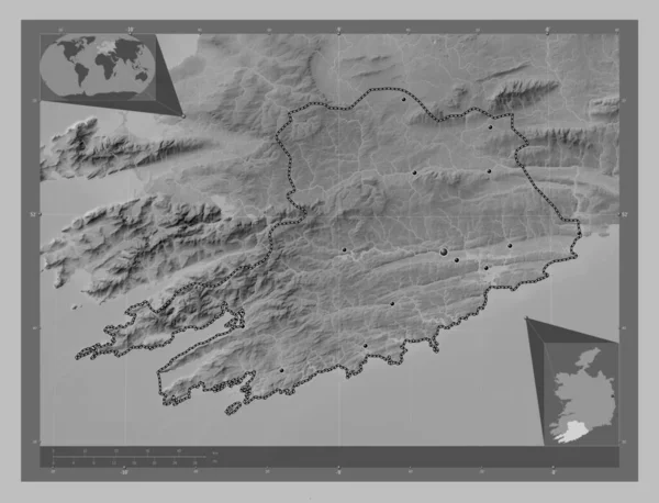 Cork County Ireland Grayscale Elevation Map Lakes Rivers Locations Major — Stock Photo, Image