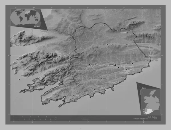 Cork Grafschaft Irland Graustufen Höhenkarte Mit Seen Und Flüssen Orte — Stockfoto
