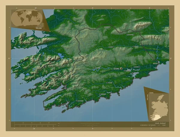 アイルランドのコルク郡 湖や川と色の標高マップ 地域の主要都市の位置と名前 コーナー補助位置図 — ストック写真