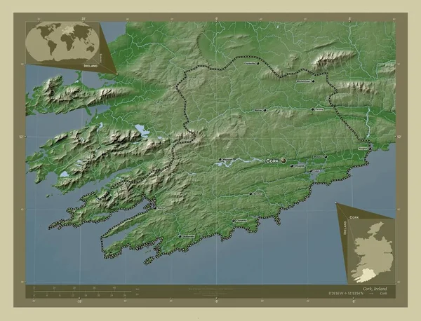 Cork Graafschap Ierland Hoogtekaart Gekleurd Wiki Stijl Met Meren Rivieren — Stockfoto