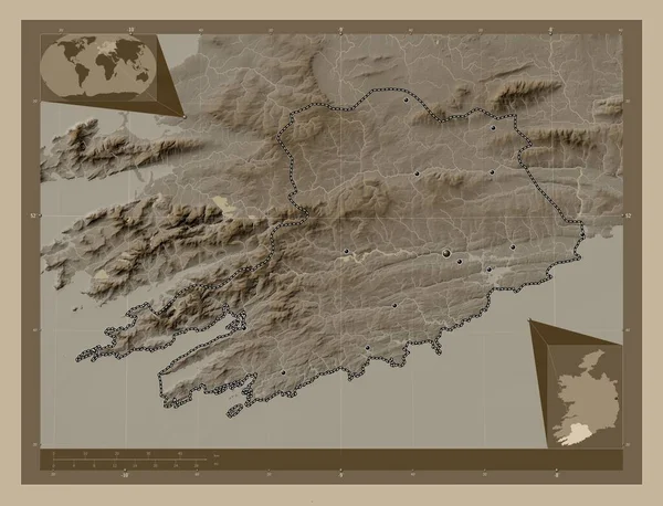 Cork Κομητεία Της Ιρλανδίας Υψόμετρο Χάρτη Χρωματισμένο Τόνους Σέπια Λίμνες — Φωτογραφία Αρχείου