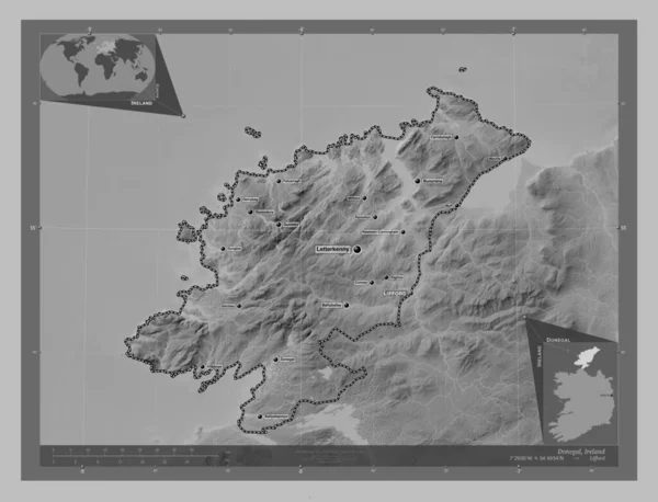 Donegal Condado Irlanda Mapa Elevación Escala Grises Con Lagos Ríos — Foto de Stock