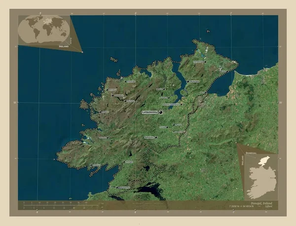 Donegal Graafschap Ierland Satellietkaart Met Hoge Resolutie Locaties Namen Van — Stockfoto