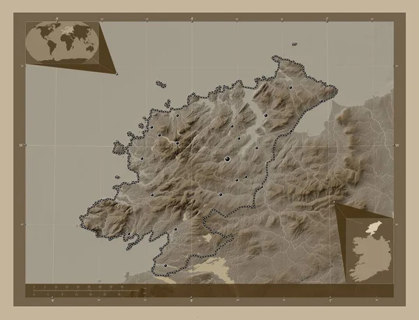 Donegal Hrabství Irsko Zdvihová Mapa Zbarvená Sépiovými Tóny Jezery Řekami — Stock fotografie