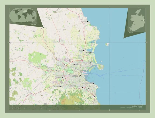 ダブリン アイルランドの郡 ストリートマップを開く 地域の主要都市の位置と名前 コーナー補助位置図 — ストック写真