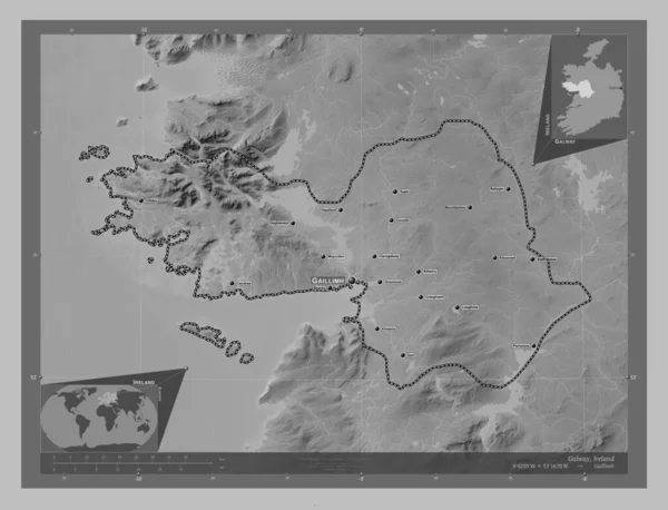 Galway Írország Megye Szürkeárnyas Térkép Tavakkal Folyókkal Régió Nagyvárosainak Elhelyezkedése — Stock Fotó