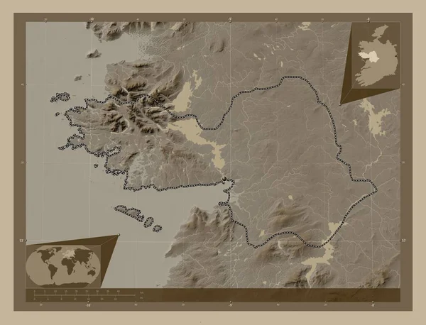 Голуэй Графство Ирландия Карта Высоты Окрашенная Сепиевые Тона Озерами Реками — стоковое фото