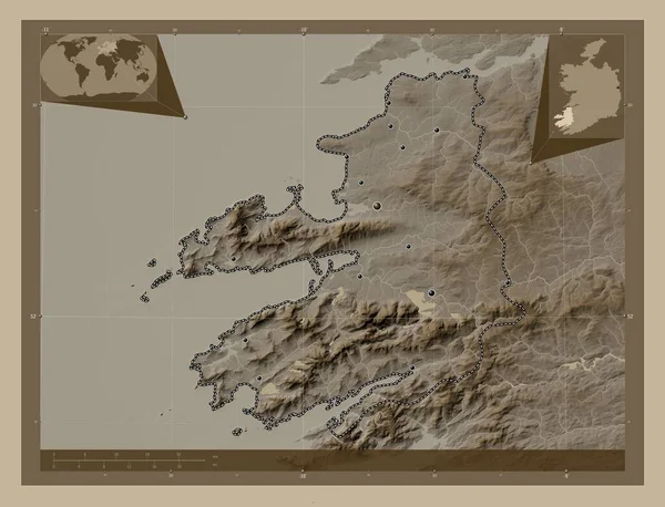 Kerry Condado Irlanda Mapa Elevación Coloreado Tonos Sepia Con Lagos —  Fotos de Stock