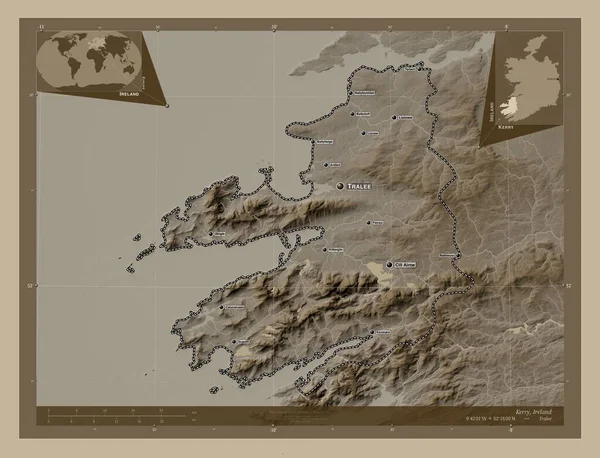 Kerry Irlands Amt Elevation Kort Farvet Sepia Toner Med Søer - Stock-foto