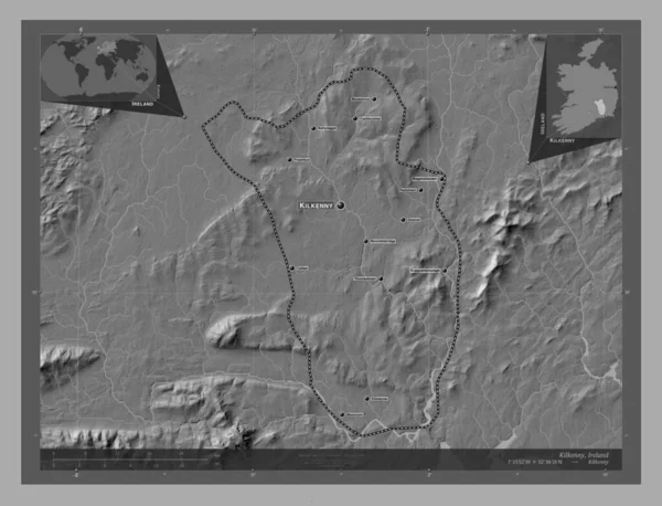 Kilkenny County Ireland Bilevel Elevation Map Lakes Rivers Locations Names — Stock Photo, Image