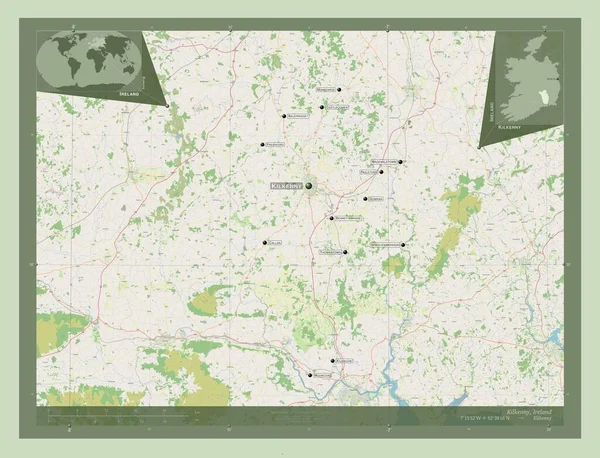 基尔肯尼 爱尔兰郡 开放街道地图 该区域主要城市的地点和名称 角辅助位置图 — 图库照片