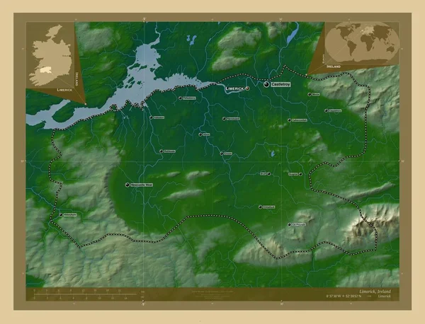 Limerick County Ireland Colored Elevation Map Lakes Rivers Locations Names — Stock Photo, Image