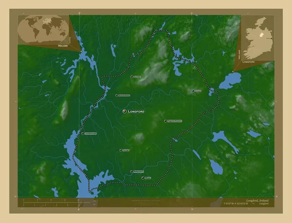 Longford County Ireland Colored Elevation Map Lakes Rivers Locations Names — Stock Photo, Image