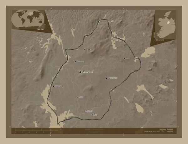 Longford County Ireland Elevation Map Colored Sepia Tones Lakes Rivers — Stock Photo, Image