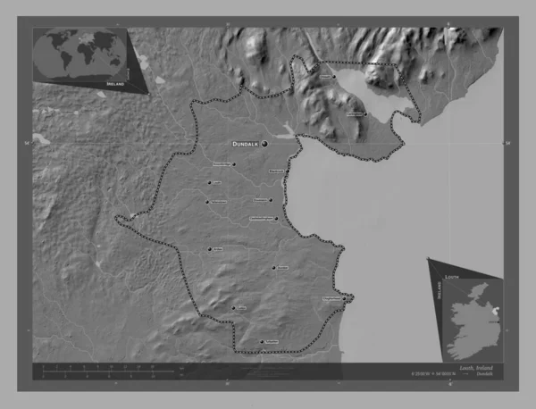 Louth County Ireland Bilevel Elevation Map Lakes Rivers Locations Names — Stock Photo, Image