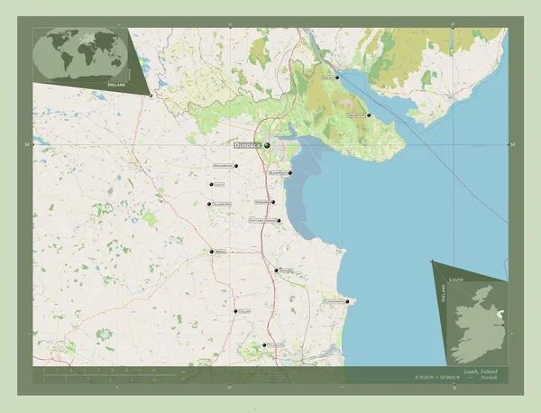 Louth 爱尔兰郡 开放街道地图 该区域主要城市的地点和名称 角辅助位置图 — 图库照片