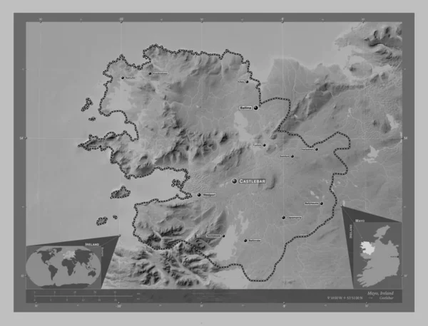 Mayo Hrabstwo Irlandii Mapa Wzniesień Skali Szarości Jeziorami Rzekami Lokalizacje — Zdjęcie stockowe
