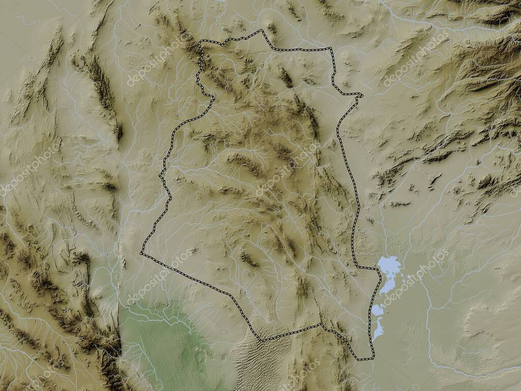 Jorasán del Sur, provincia de Irán. Mapa de elevación coloreado en