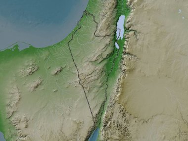 HaDarom, İsrail bölgesi. Yükseklik haritası göller ve nehirlerle wiki stilinde renklendirilmiştir