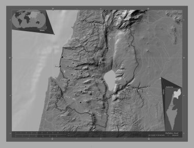 HaZafon, İsrail Bölgesi. Göllü ve nehirli çift katlı yükseklik haritası. Bölgenin büyük şehirlerinin yerleri ve isimleri. Köşedeki yedek konum haritaları
