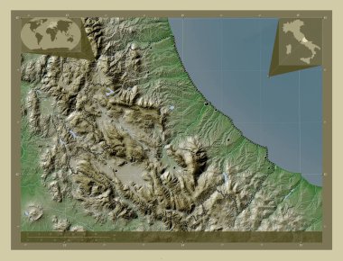 Abruzzo, İtalya bölgesi. Yükseklik haritası göller ve nehirlerle wiki tarzında renklendirilmiş. Bölgenin büyük şehirlerinin yerleri. Köşedeki yedek konum haritaları