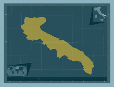 Apulia, İtalya bölgesi. Katı renk şekli. Köşedeki yedek konum haritaları