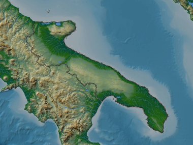 Apulia, İtalya bölgesi. Gölleri ve nehirleri olan renkli yükseklik haritası