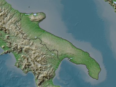 Apulia, İtalya bölgesi. Yükseklik haritası göller ve nehirlerle wiki stilinde renklendirilmiştir