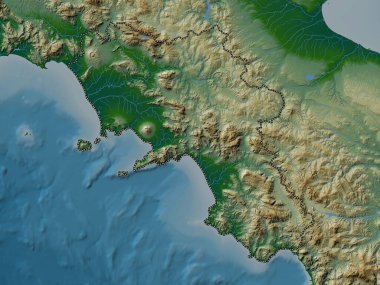 Campania, İtalya bölgesi. Gölleri ve nehirleri olan renkli yükseklik haritası