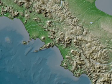 Campania, İtalya bölgesi. Yükseklik haritası göller ve nehirlerle wiki stilinde renklendirilmiştir