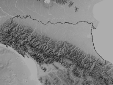 Emilia-Romagna, İtalya bölgesi. Gölleri ve nehirleri olan gri tonlama yükseklik haritası
