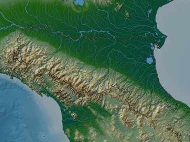 Emilia-Romagna, İtalya bölgesi. Gölleri ve nehirleri olan renkli yükseklik haritası