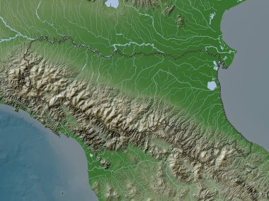 Emilia-Romagna, İtalya bölgesi. Yükseklik haritası göller ve nehirlerle wiki stilinde renklendirilmiştir