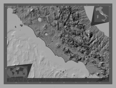 Lazio, İtalya bölgesi. Göllü ve nehirli çift katlı yükseklik haritası. Bölgenin büyük şehirlerinin yerleri. Köşedeki yedek konum haritaları