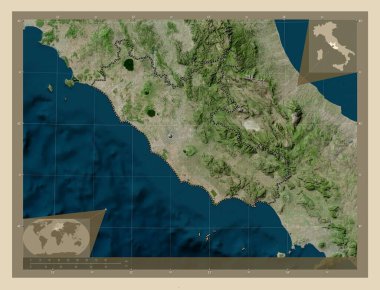 Lazio, İtalya bölgesi. Yüksek çözünürlüklü uydu. Köşedeki yedek konum haritaları