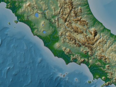 Lazio, İtalya bölgesi. Gölleri ve nehirleri olan renkli yükseklik haritası
